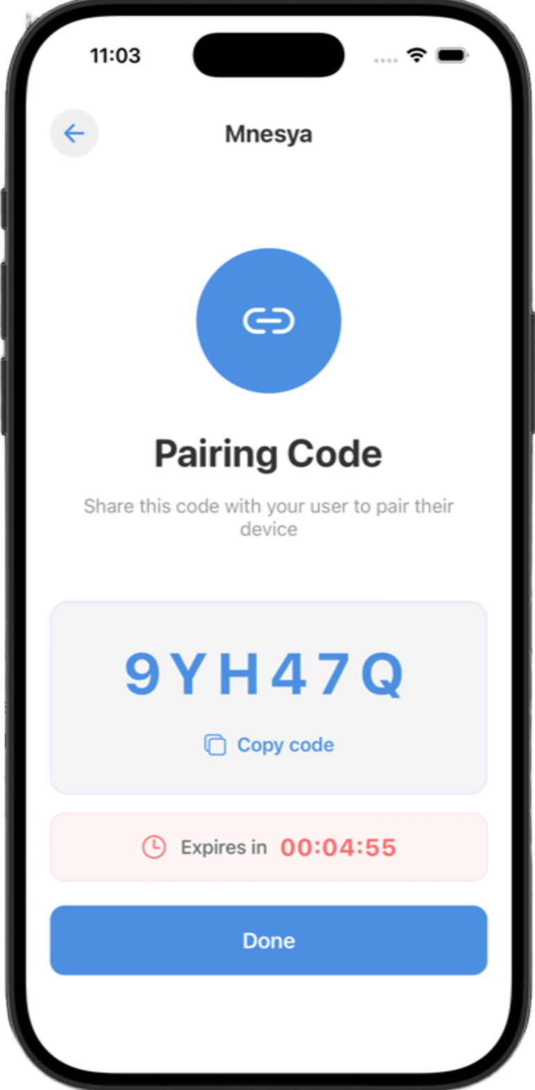 Pairing code screen
